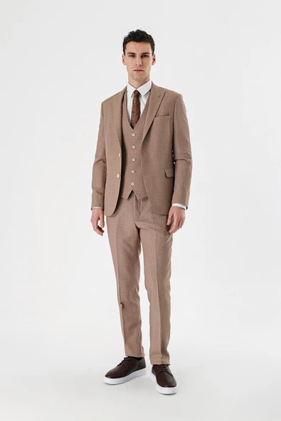 Camel Desenli Kırlangıç Yaka Yelekli 6 Drop Slim Fit Dar Kesim Klasik Takım Elbise 1001240157 - 7