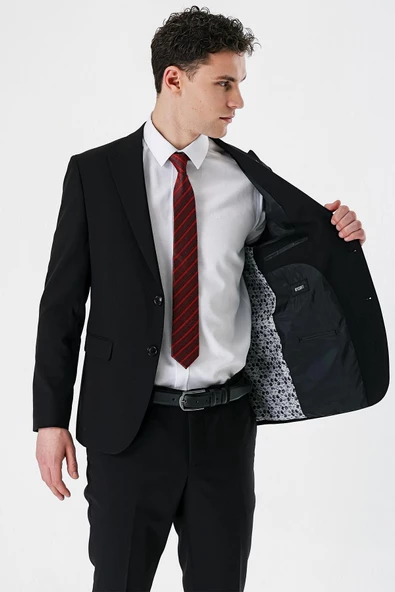 Siyah Düz Kırlangıç Yaka Likralı 6 Drop Slim Fit Dar Kesim Klasik Takım Elbise 1001240161 - Resim 3