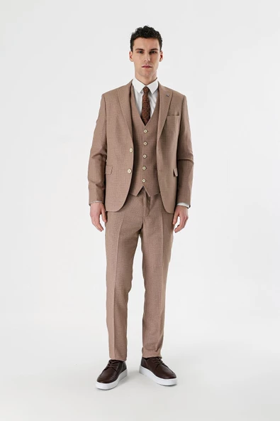 Camel Desenli Kırlangıç Yaka Yelekli 6 Drop Slim Fit Dar Kesim Klasik Takım Elbise 1001240157 - 6
