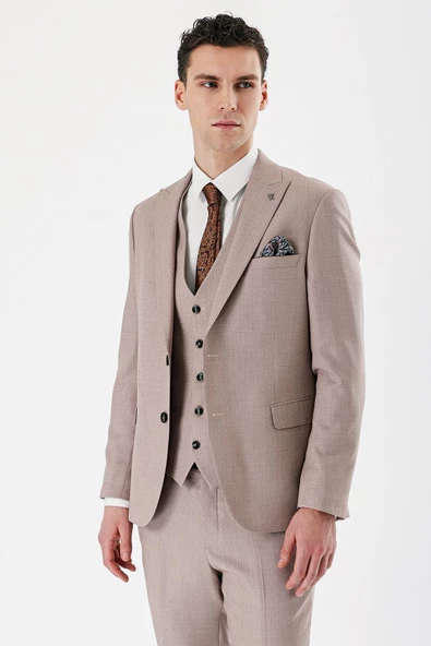 Bej Desenli Kırlangıç Yaka Yelekli 6 Drop Slim Fit Dar Kesim Klasik Takım Elbise 1001240157 - Resim 5