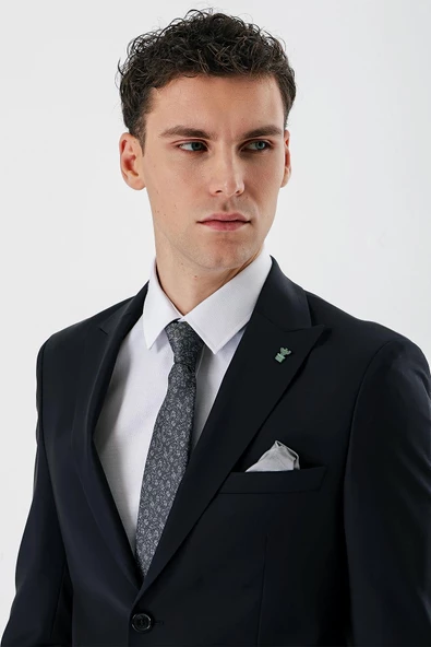 Koyu Lacivert Kırlangıç Yaka Yünlü Likralı 6 Drop Slim Fit Dar Kesim Klasik Takım Elbise 1001240158 - 4