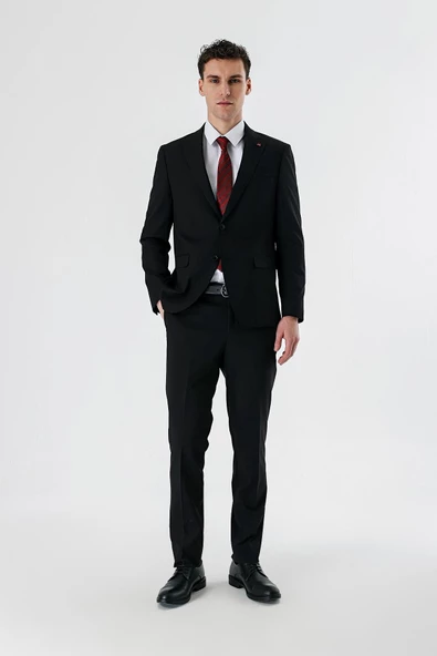 Siyah Düz Kırlangıç Yaka Likralı 6 Drop Slim Fit Dar Kesim Klasik Takım Elbise 1001240161 - Resim 4