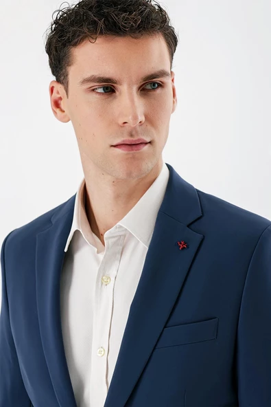 İndigo Mavi Mono Yaka Çift Yırtmaç Likralı 6 Drop Slim Fit Dar Kesim Klasik Takım Elbise 1001240164 - 7