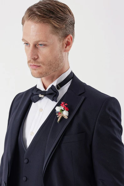 Koyu Lacivert Çıkarılabilir Mono Yaka Yelekli 6 Drop Slim Fit Smokin Damatlık Takım 1001230202 - Resim 7