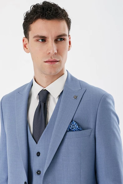 Mavi Desenli Kırlangıç Yaka Yelekli 6 Drop Slim Fit Dar Kesim Klasik Takım Elbise 1001240157 - 7