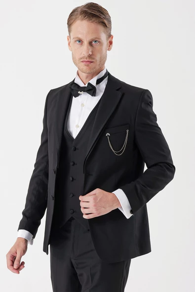 Siyah Armürlü Çıkarılabilir Mono Yaka Yelekli 6 Drop Slim Fit Smokin Damatlık Takım 1001230202 - Resim 3
