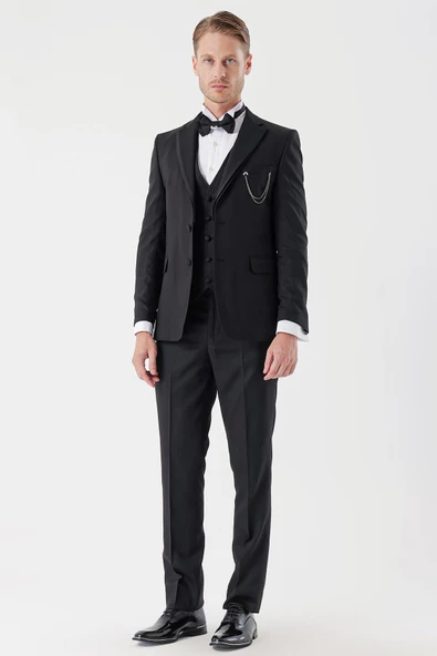 Siyah Armürlü Çıkarılabilir Mono Yaka Yelekli 6 Drop Slim Fit Smokin Damatlık Takım 1001230202 - Resim 4