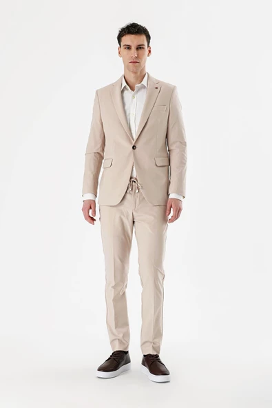 Açık Bej Mono Yaka Çift Yırtmaç Likralı 6 Drop Slim Fit Dar Kesim Klasik Takım Elbise 1001240164 - 7