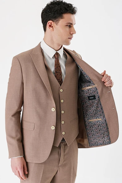 Camel Desenli Kırlangıç Yaka Yelekli 6 Drop Slim Fit Dar Kesim Klasik Takım Elbise 1001240157 - 9