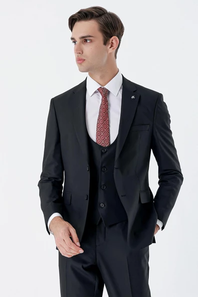 Siyah Mono Yaka Astarlı Çift Yırtmaç Yelekli 6 Drop Slim Fit Dar Kesim Basic Takım 1001230186 - Resim 2