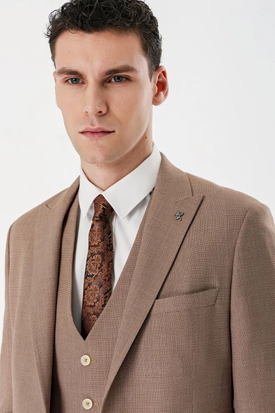 Camel Desenli Kırlangıç Yaka Yelekli 6 Drop Slim Fit Dar Kesim Klasik Takım Elbise 1001240157 - 8