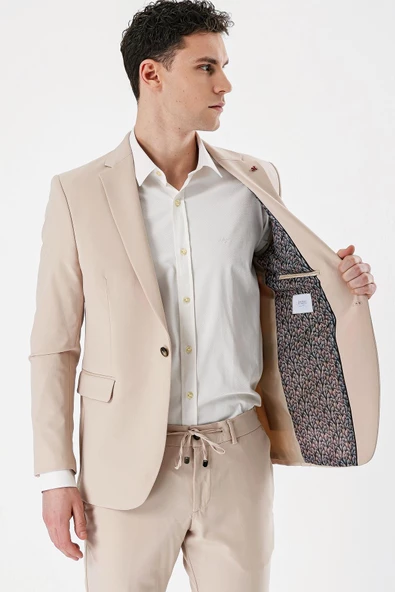 Açık Bej Mono Yaka Çift Yırtmaç Likralı 6 Drop Slim Fit Dar Kesim Klasik Takım Elbise 1001240164 - 4
