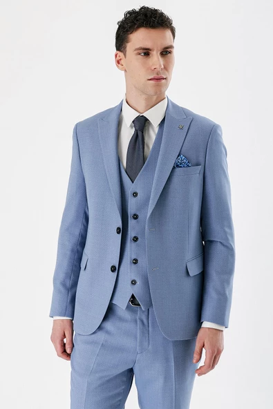 Mavi Desenli Kırlangıç Yaka Yelekli 6 Drop Slim Fit Dar Kesim Klasik Takım Elbise 1001240157 - 2