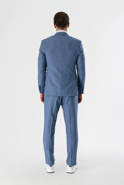 İndigo Mavi Desenli Kırlangıç Yaka Yelekli 6 Drop Slim Fit Dar Kesim Klasik Takım Elbise 1001240157 - 9