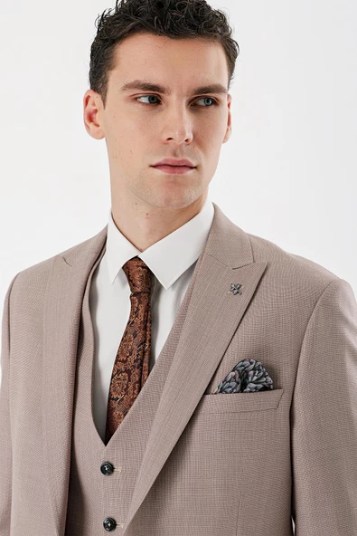 Bej Desenli Kırlangıç Yaka Yelekli 6 Drop Slim Fit Dar Kesim Klasik Takım Elbise 1001240157 - Resim 7