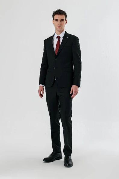 Siyah Kırlangıç Yaka Yünlü Likralı 6 Drop Slim Fit Dar Kesim Klasik Takım Elbise 1001240158 - 6