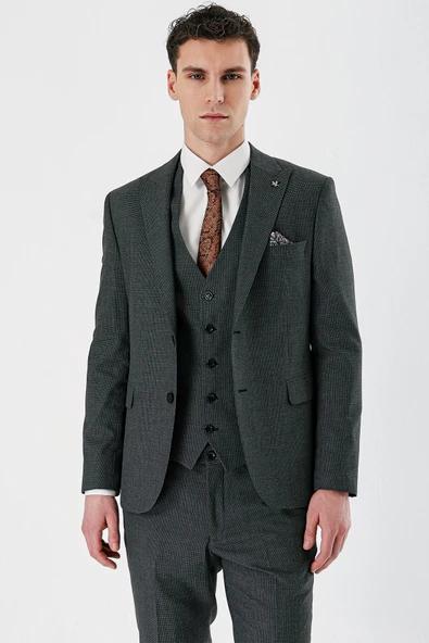 Koyu Antrasit Kırlangıç Yaka Yelekli 6 Drop Slim Fit Klasik Takım Elbise 1001240155 - 3
