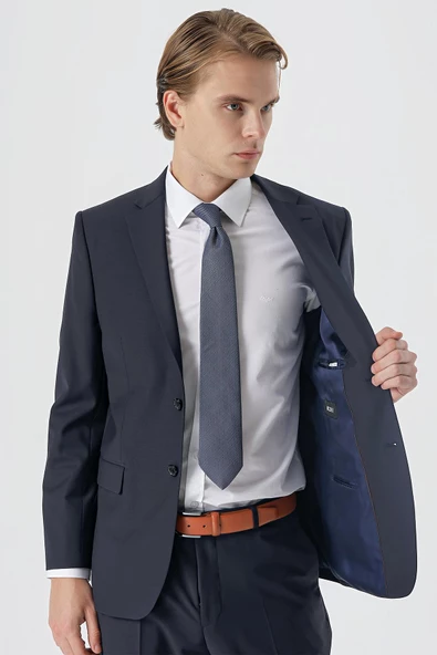 Koyu Lacivert Mono Yaka Yünlü Likralı 6 Drop Comfort Fit Rahat Kesim Klasik Takım Elbise 1001235172 - 2
