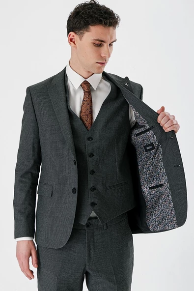 Koyu Antrasit Kırlangıç Yaka Yelekli 6 Drop Slim Fit Klasik Takım Elbise 1001240155 - 6
