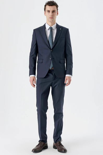 Koyu Lacivert Kırlangıç Yaka Yünlü Likralı 6 Drop Slim Fit Dar Kesim Klasik Takım Elbise 1001235175 - 5
