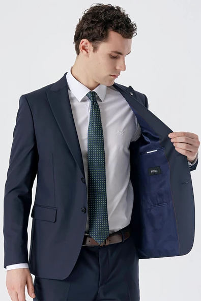 Koyu Lacivert Kırlangıç Yaka Yünlü Likralı 6 Drop Slim Fit Dar Kesim Klasik Takım Elbise 1001235175 - 3