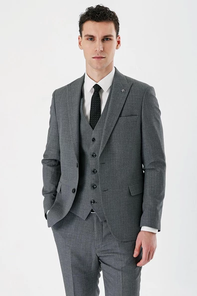 Füme Desenli Kırlangıç Yaka Yelekli 6 Drop Slim Fit Dar Kesim Klasik Takım Elbise 1001240157 - 4