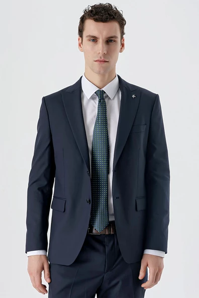 Koyu Lacivert Kırlangıç Yaka Yünlü Likralı 6 Drop Slim Fit Dar Kesim Klasik Takım Elbise 1001235175 - 4