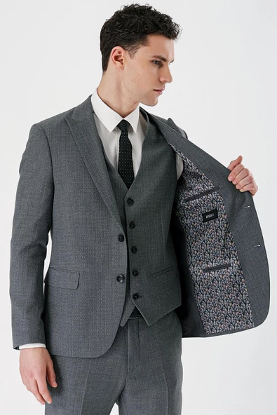 Füme Desenli Kırlangıç Yaka Yelekli 6 Drop Slim Fit Dar Kesim Klasik Takım Elbise 1001240157 - 8