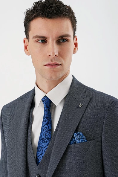 Koyu Lacivert Kırlangıç Yaka Yelekli 6 Drop Slim Fit Klasik Takım Elbise 1001240157 - 2