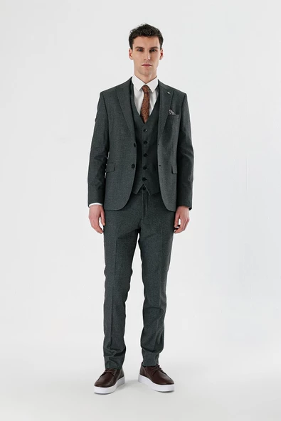 Koyu Antrasit Kırlangıç Yaka Yelekli 6 Drop Slim Fit Klasik Takım Elbise 1001240155 - 7