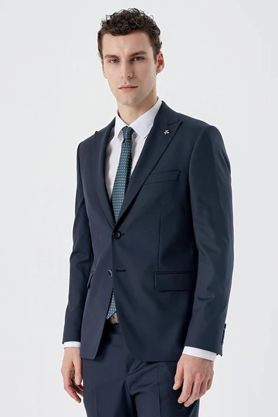 Koyu Lacivert Kırlangıç Yaka Yünlü Likralı 6 Drop Slim Fit Dar Kesim Klasik Takım Elbise 1001235175 - 2