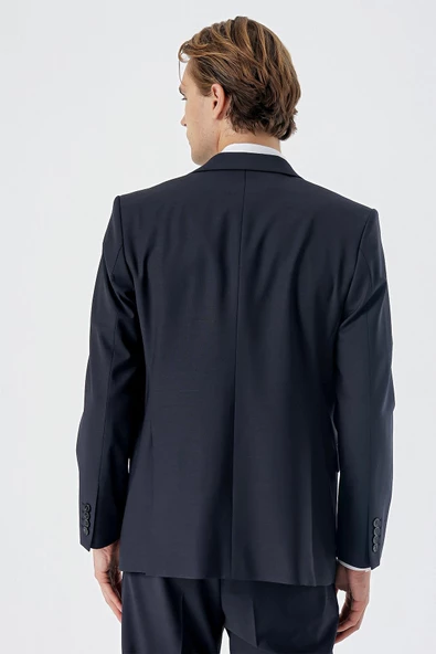Koyu Lacivert Mono Yaka Yünlü Likralı 6 Drop Comfort Fit Rahat Kesim Klasik Takım Elbise 1001235172 - 4
