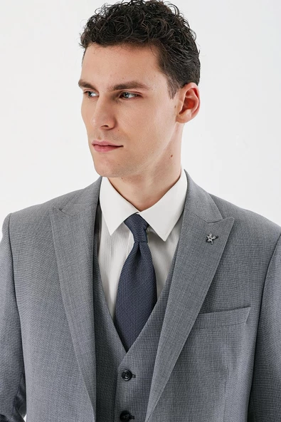 Gri Desenli Kırlangıç Yaka Yelekli 6 Drop Slim Fit Dar Kesim Klasik Takım Elbise 1001240157 - Resim 7