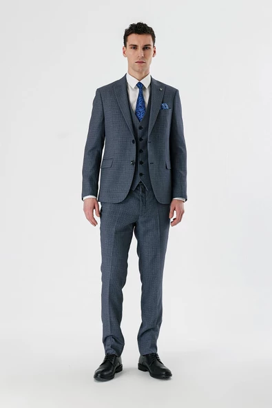 Koyu Lacivert Kırlangıç Yaka Yelekli 6 Drop Slim Fit Klasik Takım Elbise 1001240157 - 7