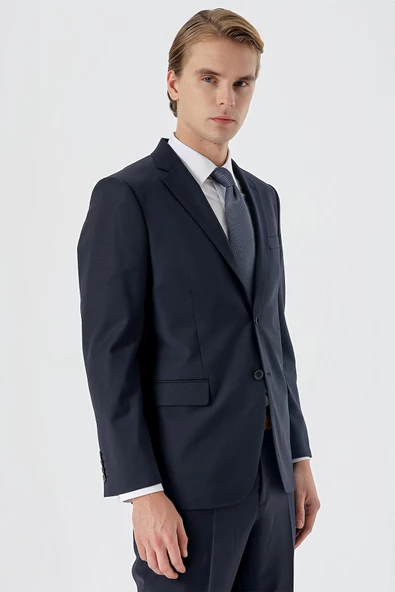 Koyu Lacivert Mono Yaka Yünlü Likralı 6 Drop Comfort Fit Rahat Kesim Klasik Takım Elbise 1001235172 - 3