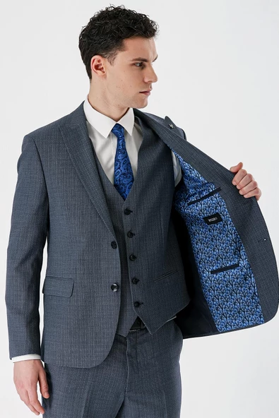 Koyu Lacivert Kırlangıç Yaka Yelekli 6 Drop Slim Fit Klasik Takım Elbise 1001240157 - 4