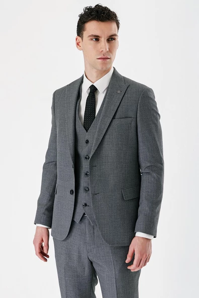 Füme Desenli Kırlangıç Yaka Yelekli 6 Drop Slim Fit Dar Kesim Klasik Takım Elbise 1001240157