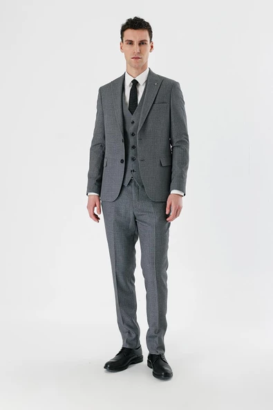 Füme Desenli Kırlangıç Yaka Yelekli 6 Drop Slim Fit Dar Kesim Klasik Takım Elbise 1001240157 - 6