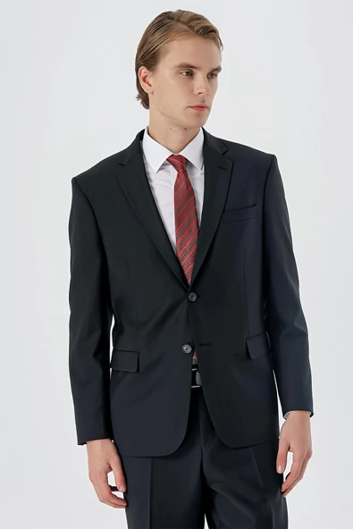 Siyah Mono Yaka Yünlü Likralı 4 Drop Comfort Fit Rahat Kesim Klasik Takım Elbise 1001235171