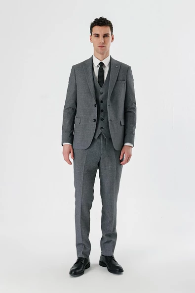 Füme Desenli Kırlangıç Yaka Yelekli 6 Drop Slim Fit Dar Kesim Klasik Takım Elbise 1001240157 - 5