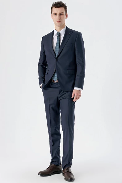 Koyu Lacivert Kırlangıç Yaka Yünlü Likralı 6 Drop Slim Fit Dar Kesim Klasik Takım Elbise 1001235175 - 6