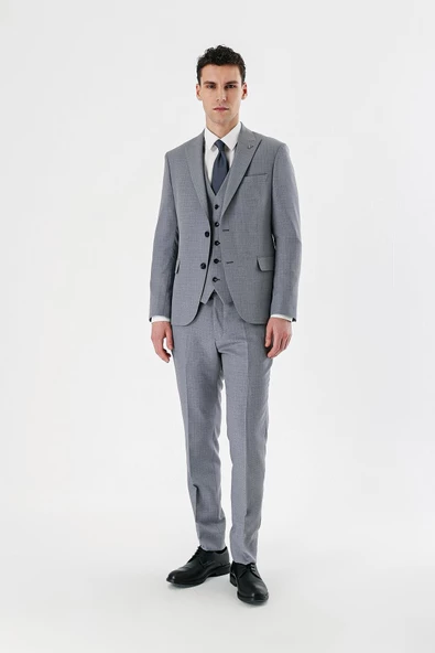 Gri Desenli Kırlangıç Yaka Yelekli 6 Drop Slim Fit Dar Kesim Klasik Takım Elbise 1001240157 - Resim 6