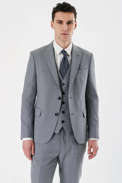 Gri Desenli Kırlangıç Yaka Yelekli 6 Drop Slim Fit Dar Kesim Klasik Takım Elbise 1001240157 - Resim 3