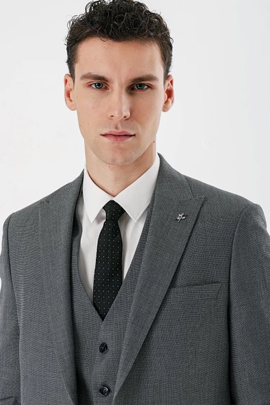Füme Desenli Kırlangıç Yaka Yelekli 6 Drop Slim Fit Dar Kesim Klasik Takım Elbise 1001240157 - 7