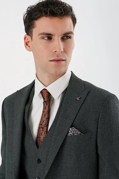 Koyu Antrasit Kırlangıç Yaka Yelekli 6 Drop Slim Fit Klasik Takım Elbise 1001240155 - 4