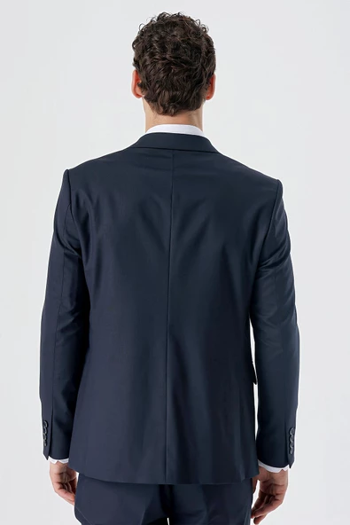 Koyu Lacivert Kırlangıç Yaka Yünlü Likralı 6 Drop Slim Fit Dar Kesim Klasik Takım Elbise 1001235175 - 8