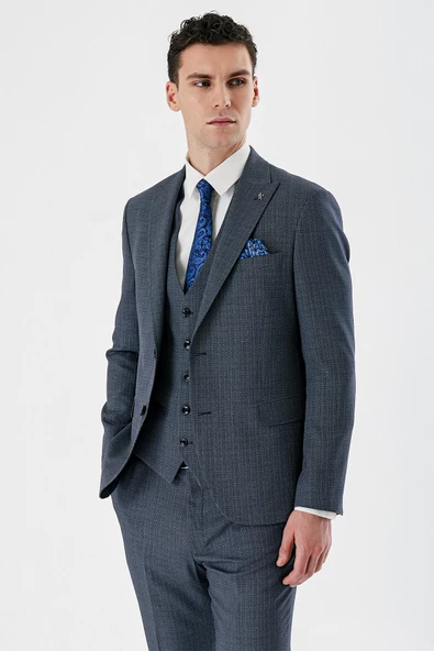 Koyu Lacivert Kırlangıç Yaka Yelekli 6 Drop Slim Fit Klasik Takım Elbise 1001240157 - 5
