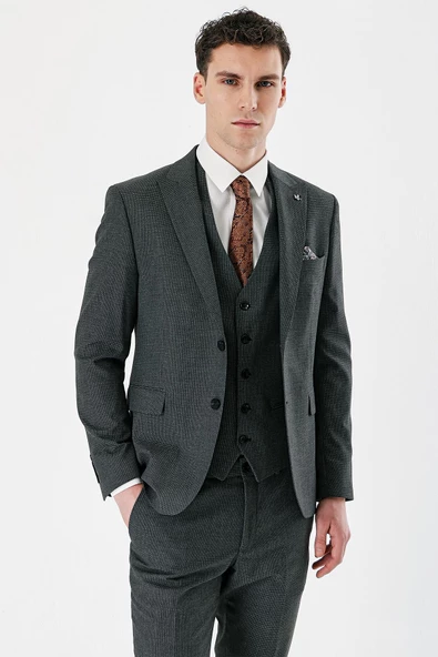 Koyu Antrasit Kırlangıç Yaka Yelekli 6 Drop Slim Fit Klasik Takım Elbise 1001240155 - 5