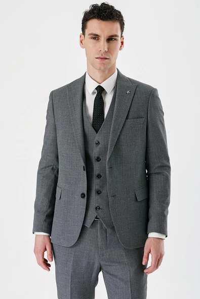 Füme Desenli Kırlangıç Yaka Yelekli 6 Drop Slim Fit Dar Kesim Klasik Takım Elbise 1001240157 - 3