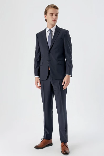 Koyu Lacivert Mono Yaka Yünlü Likralı 6 Drop Comfort Fit Rahat Kesim Klasik Takım Elbise 1001235172 - 5